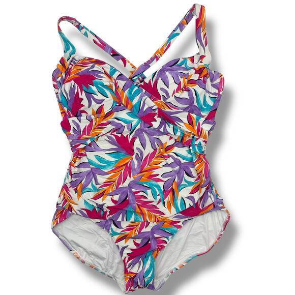 NEW Anne Cole One Piece Swimsuit Size 22W Pink Purple Print Ruched Flattering - Picture 1 of 8